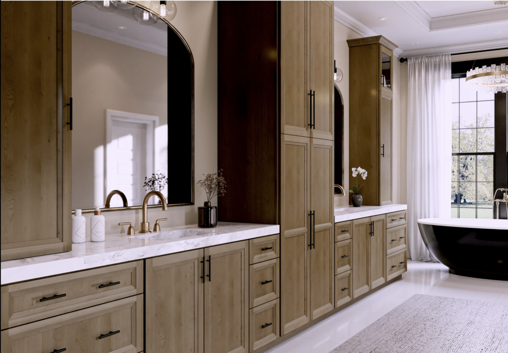 Light brown stained oak luxury custom bathroom cabinets